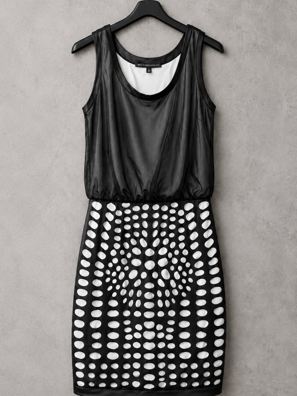 Symphony Black Mesh Overlay Geometric Print Blouson Cocktail Dress Women’s Small